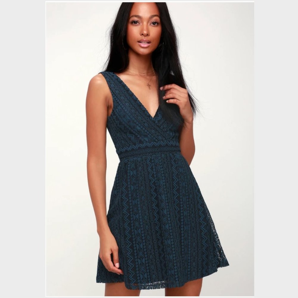 You Complete Me Navy Blue Lace Skater Dress